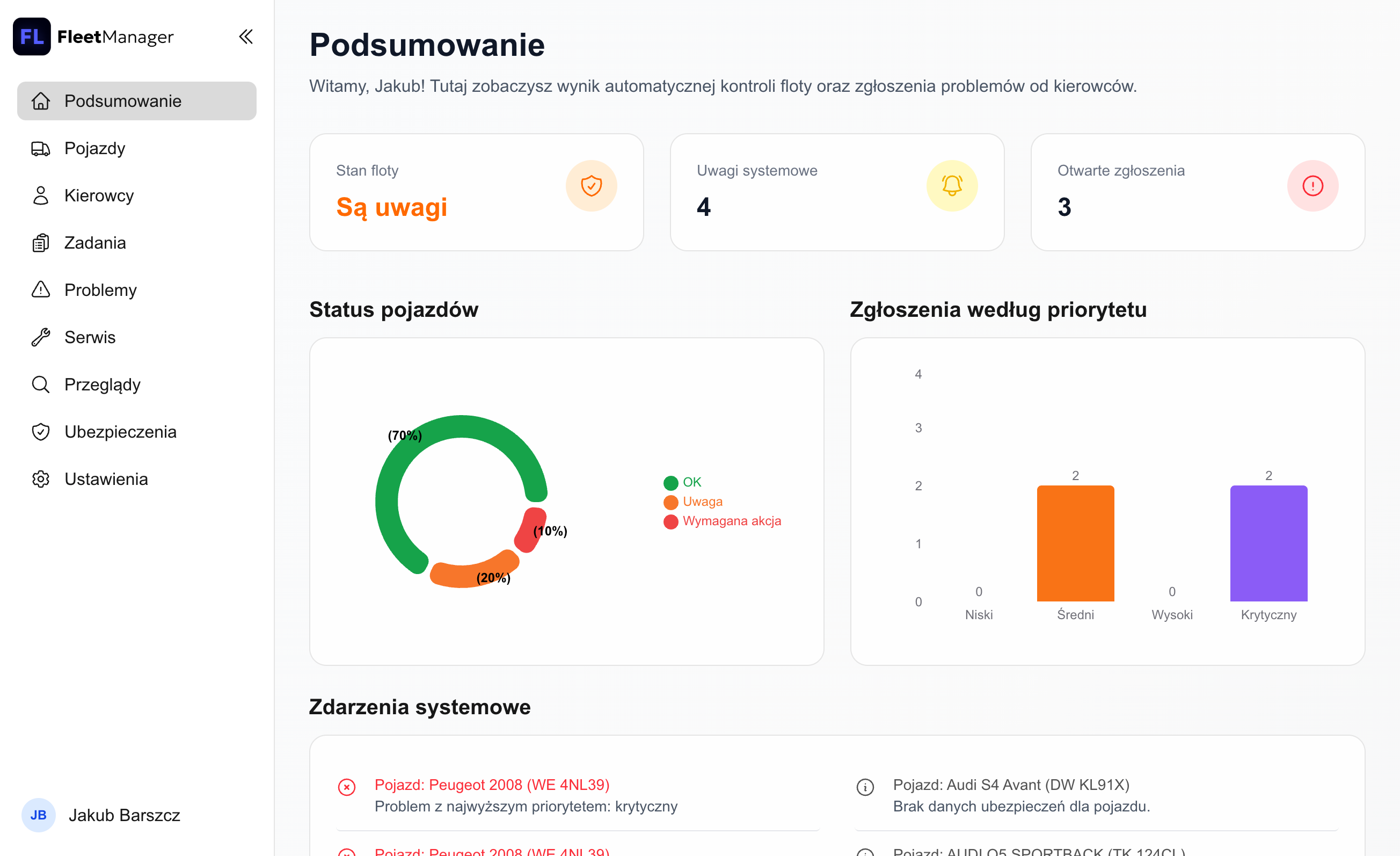 Zrzut ekranu z aplikacji FleetManager